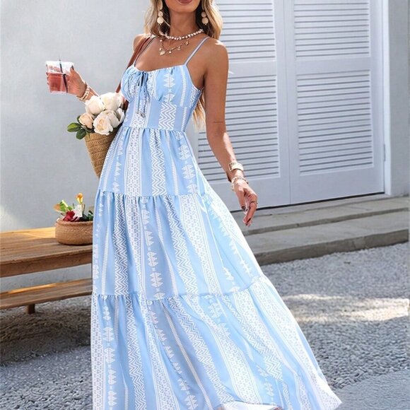 Blue Boho Women's Woven Print Spaghetti Strap Long Dress - Picture 1 of 6